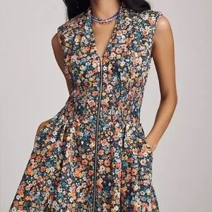 THE TOMMIE CAP-SLEEVE SMOCKED FRONT-ZIP SHIRT DRESS: MINI EDITION IN BLUE